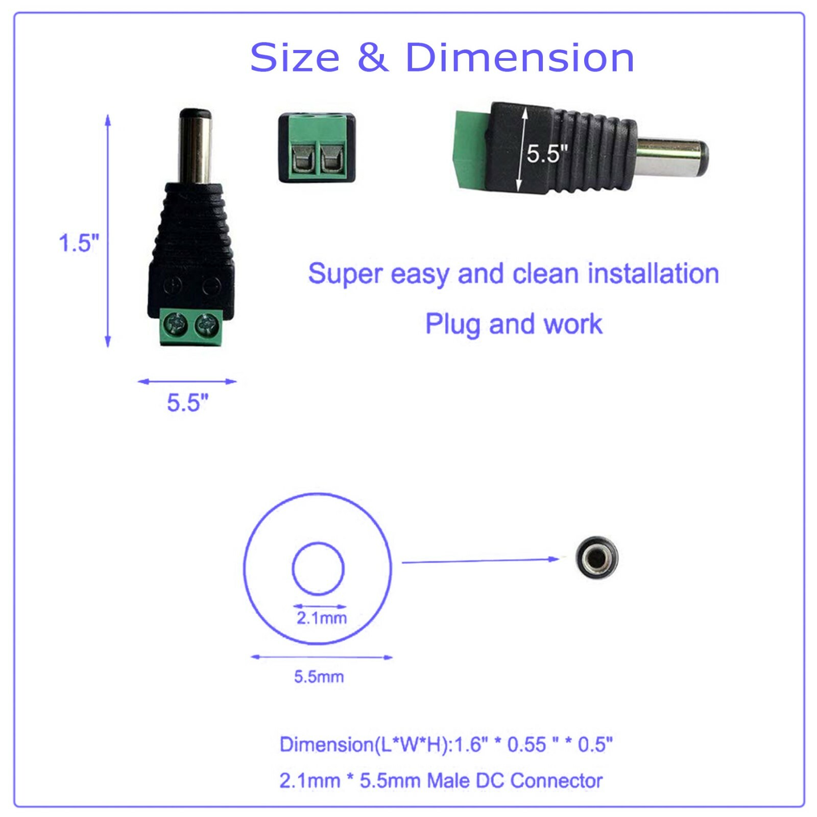 20pcs Male+Female DC Power Jack Connector Adapter Plug 2.1 x 5.5mm for CCTV