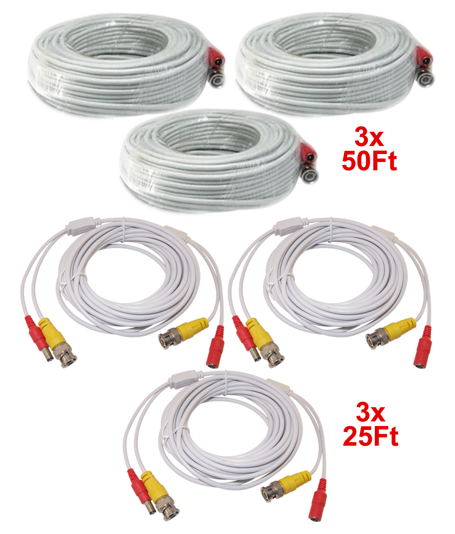 3pcs 50 Feet & 3pcs 25 Feet White Cable CCTV Security Camera Power Video Cable