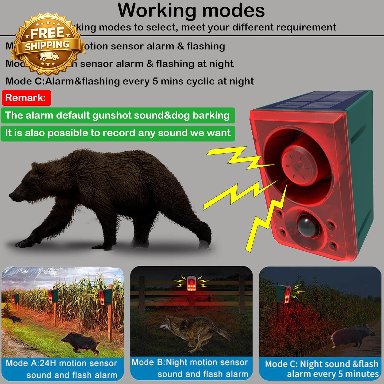 Solar Outdoor Motion Sensor Alarm Dog Barking & Gunshot Sound 130Db Motion Detec