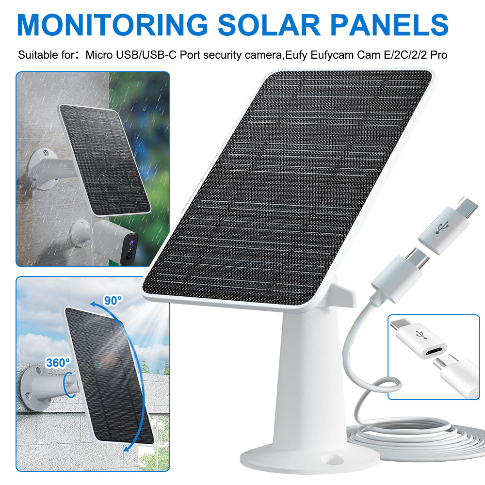 360° Solar Panel Charger for Outdoor Security Camera Eufy 10W Micro USB Type-C