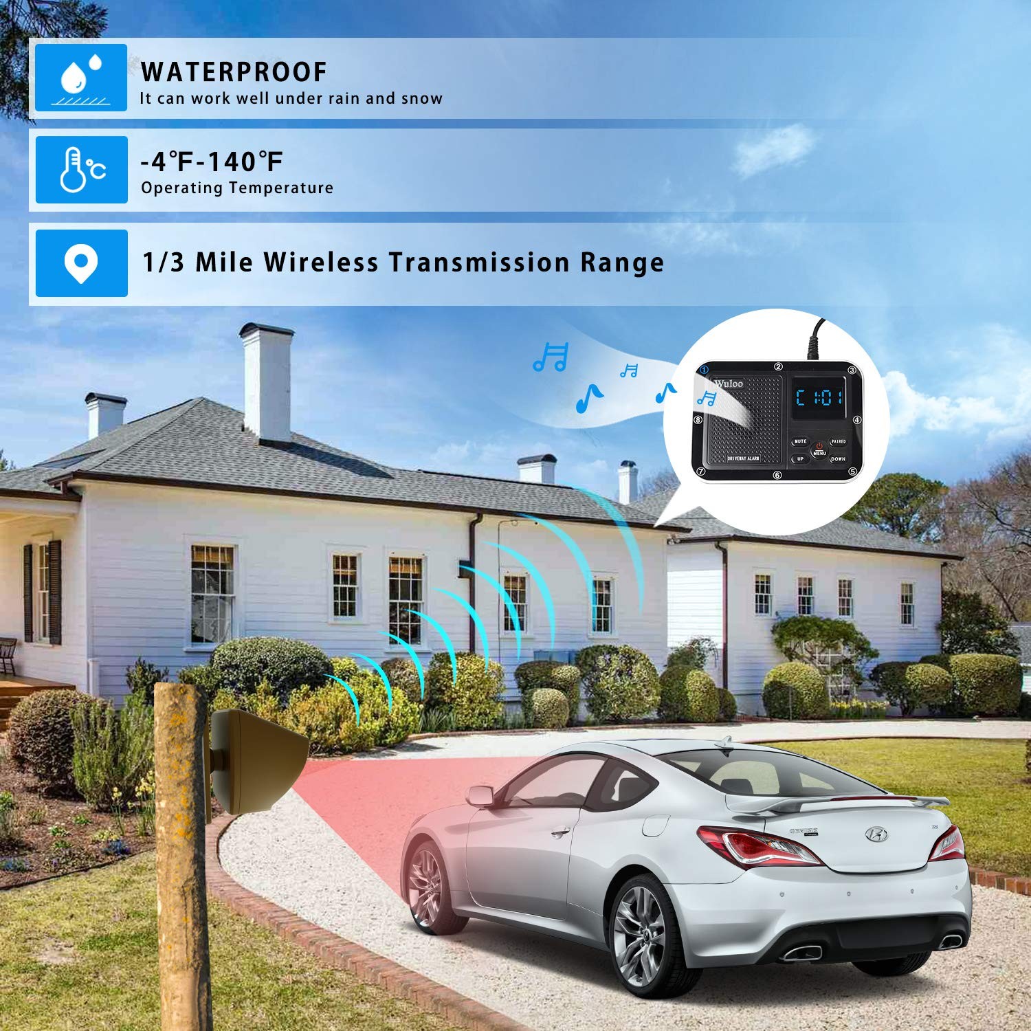 Solar Driveway Alarm 1800ft Range, Wireless Motion Sensor, Weatherproof Alert