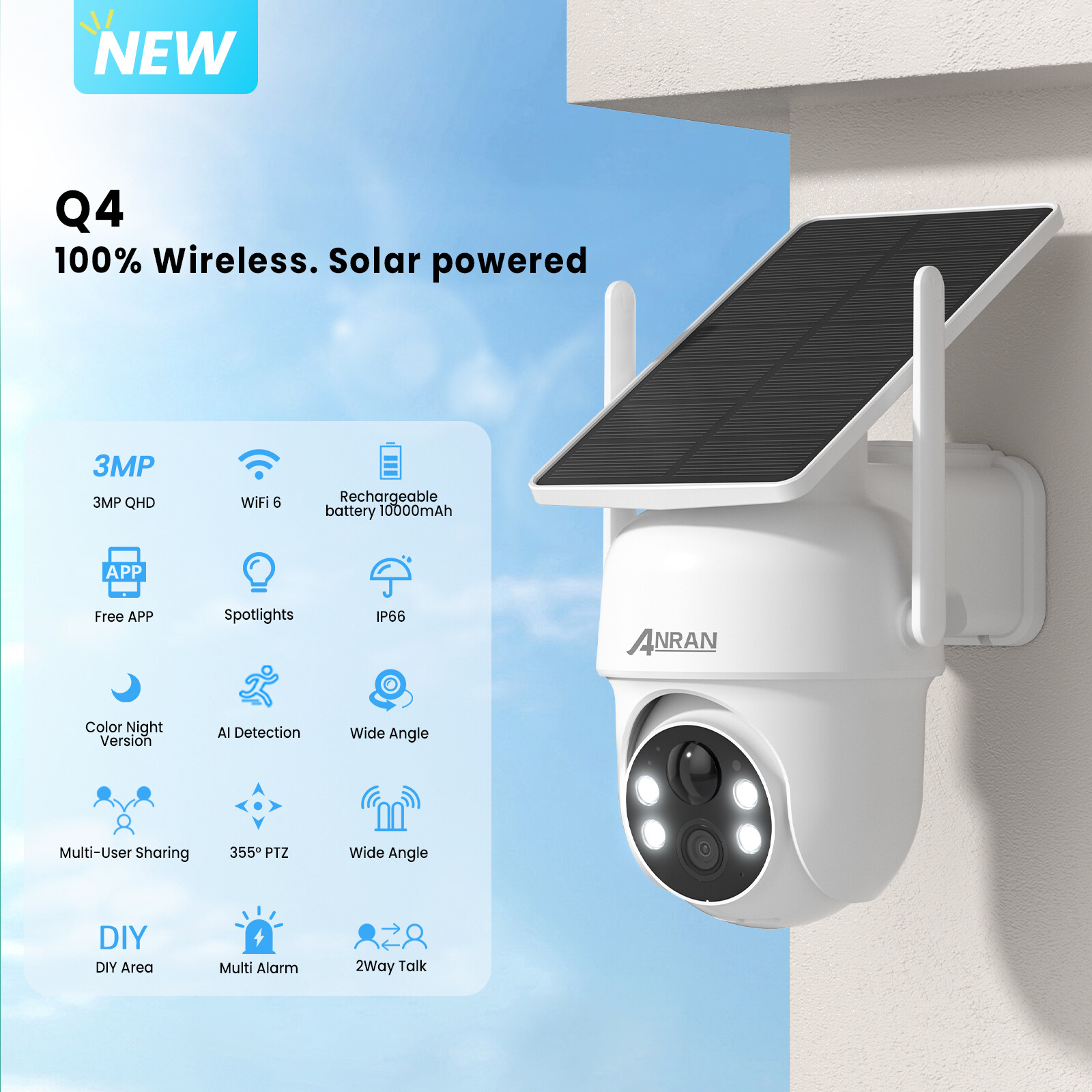 ANRAN 4MP HD Wireless Solar Security Camera 360° PTZ WIFI Battery Camera Outdoor