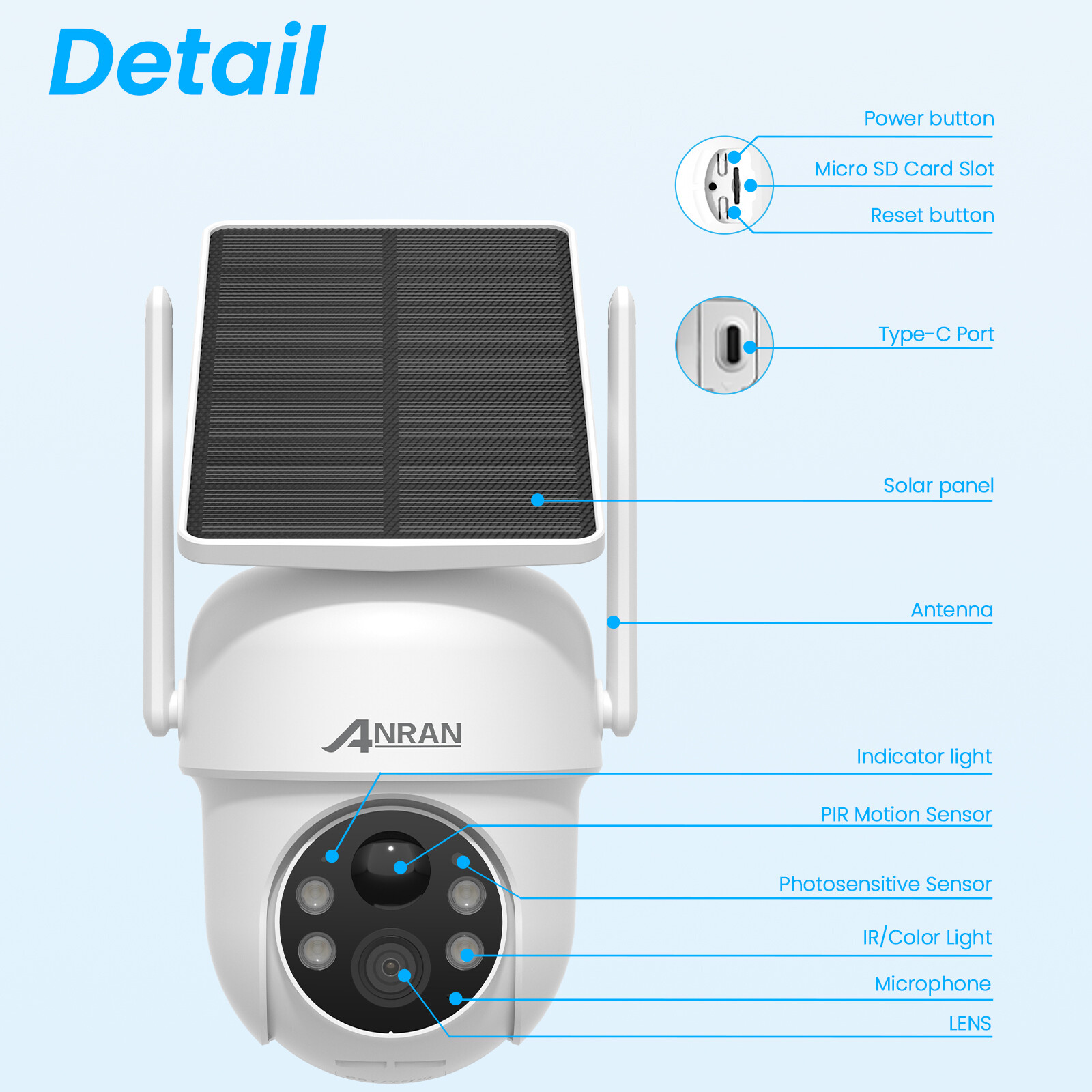 ANRAN 4MP HD Wireless Solar Security Camera 360° PTZ WIFI Battery Camera Outdoor