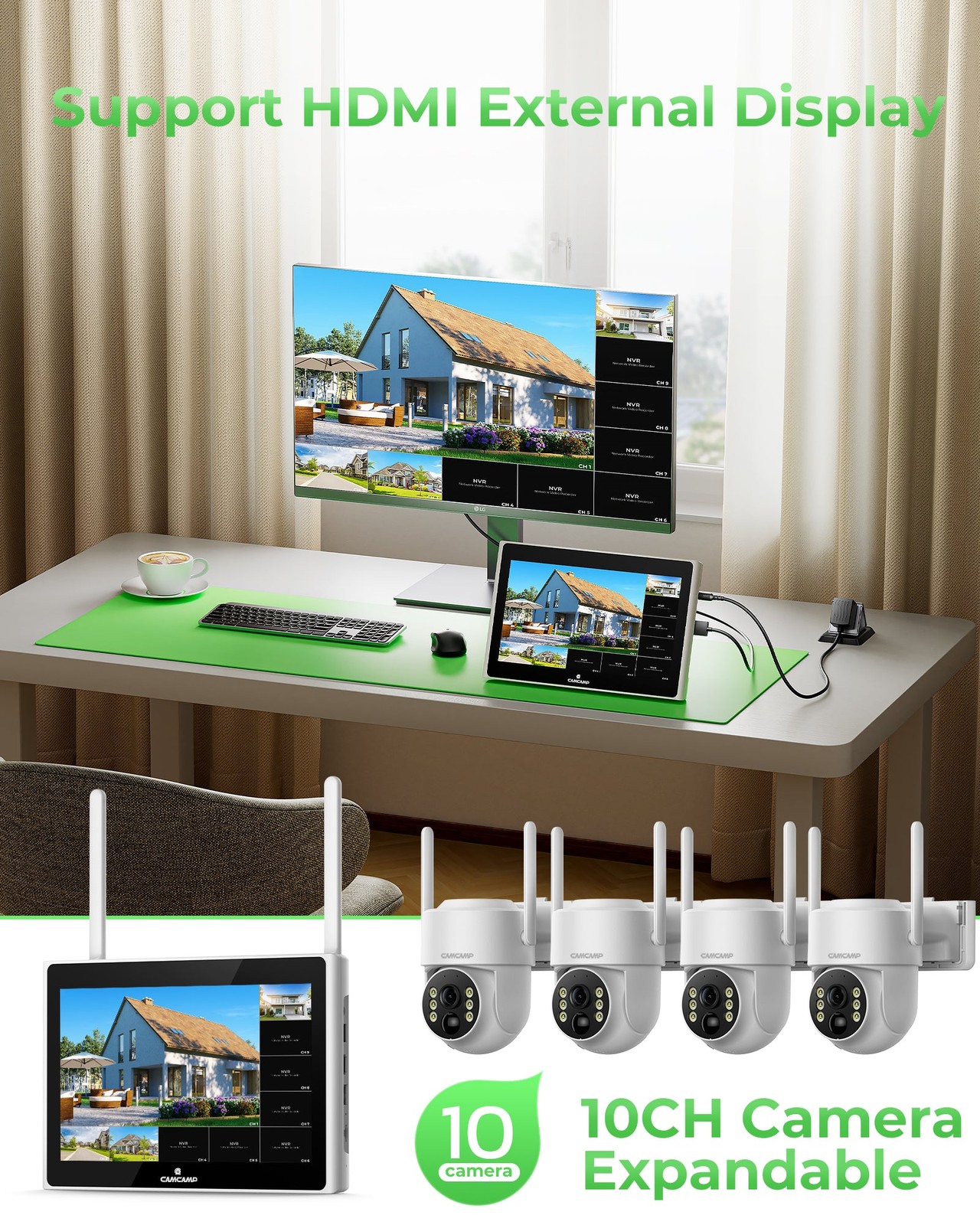 4MP Wireless Home Security Camera System Solar Wifi IP Cameras 10” Monitor NVR