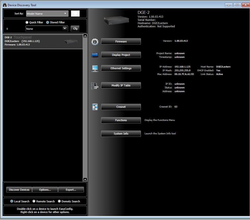 Working, Factory Defaults Crestron DGE-2, Display not Included