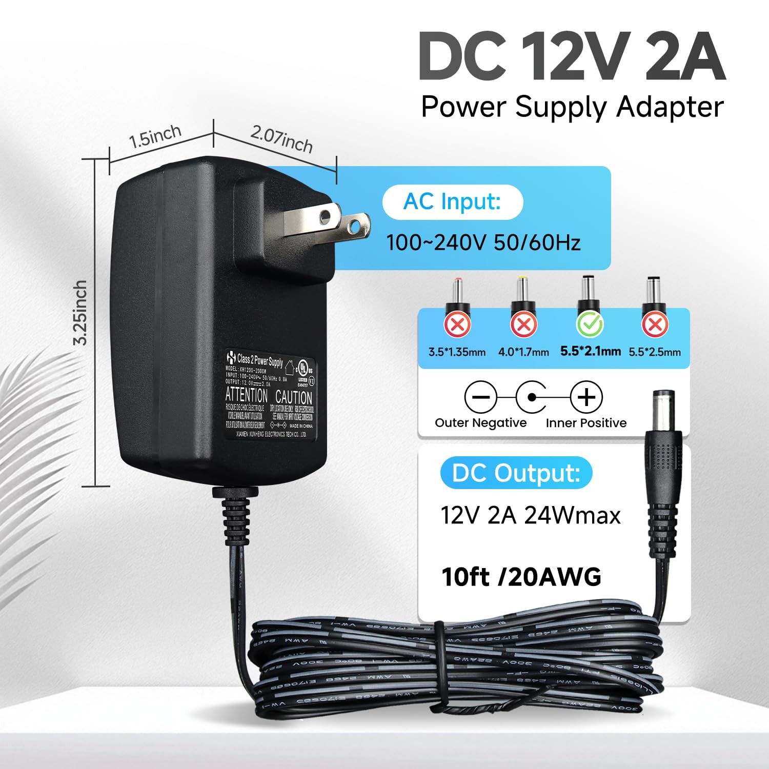 UL Listed 12V 2A 10ft Power Supply Adapter, AC to DC 24W 2000mA 1500mA 1000mA…