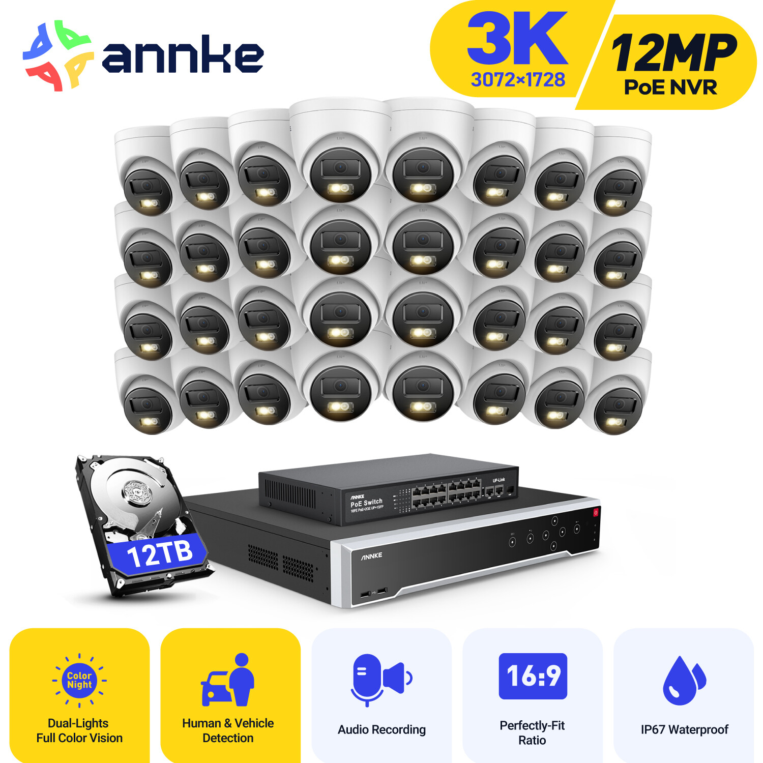 ANNKE 32CH 12MP NVR 3K POE Security Camera System Audio Recording Color Night AI