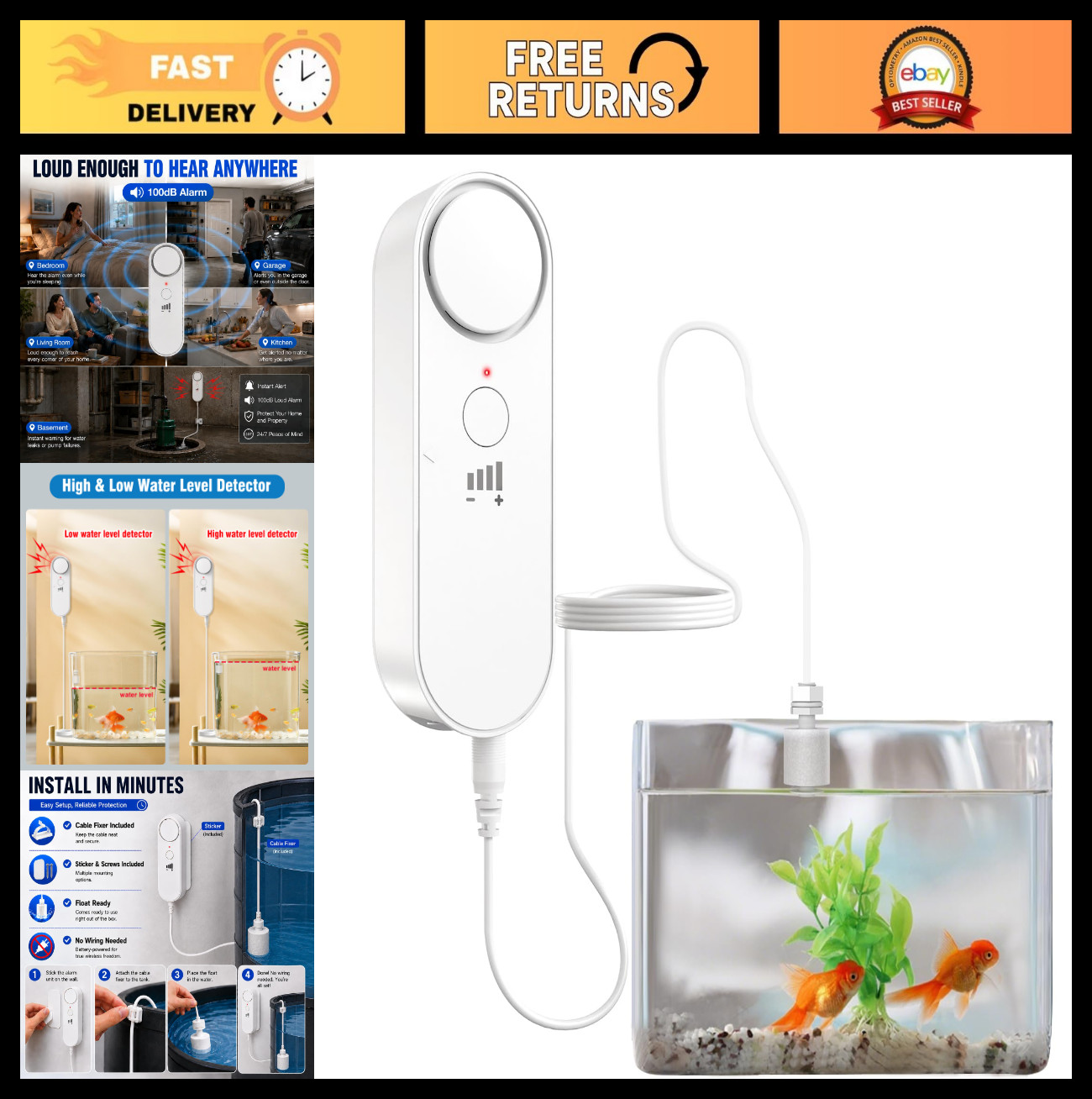 High/Low Water Level Sensor Alarm 100dB for Sump Pump, 78″ Cable, Battery Operat