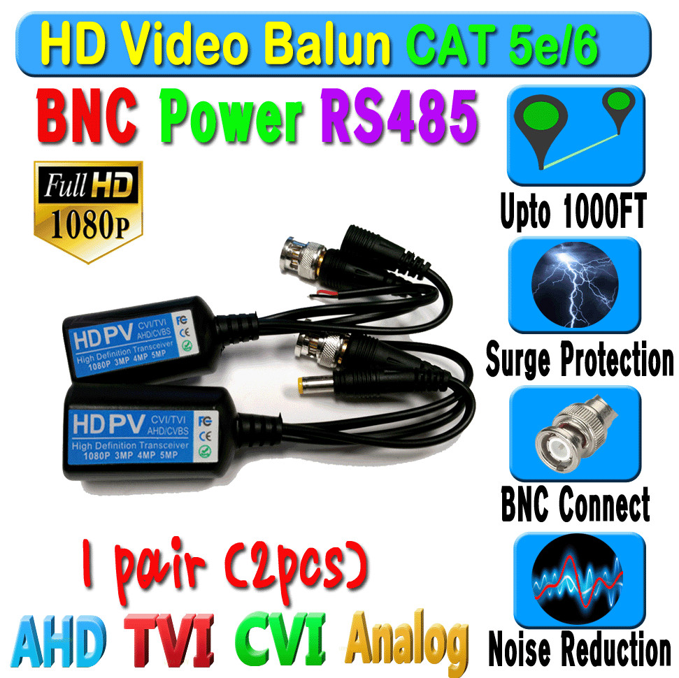 1 pair HD Balun CCTV BNC Video Data mic RS485 Power CAT5e/6 Protect 1080P 720P