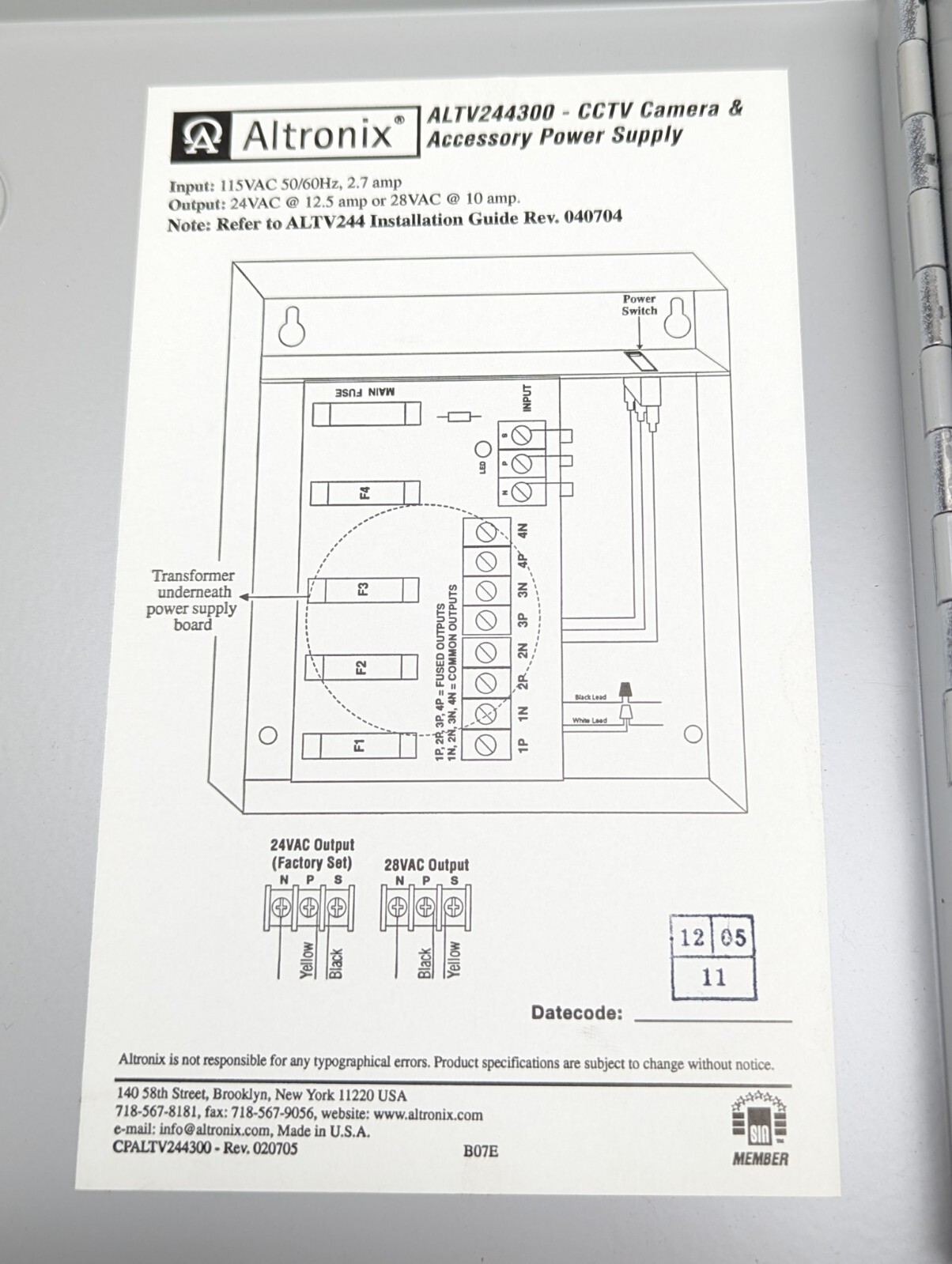 Altronix ALTV244300 CCTV Power Supply 24VAC @ 12.5A or 28VAC @ 10A 4 Outputs