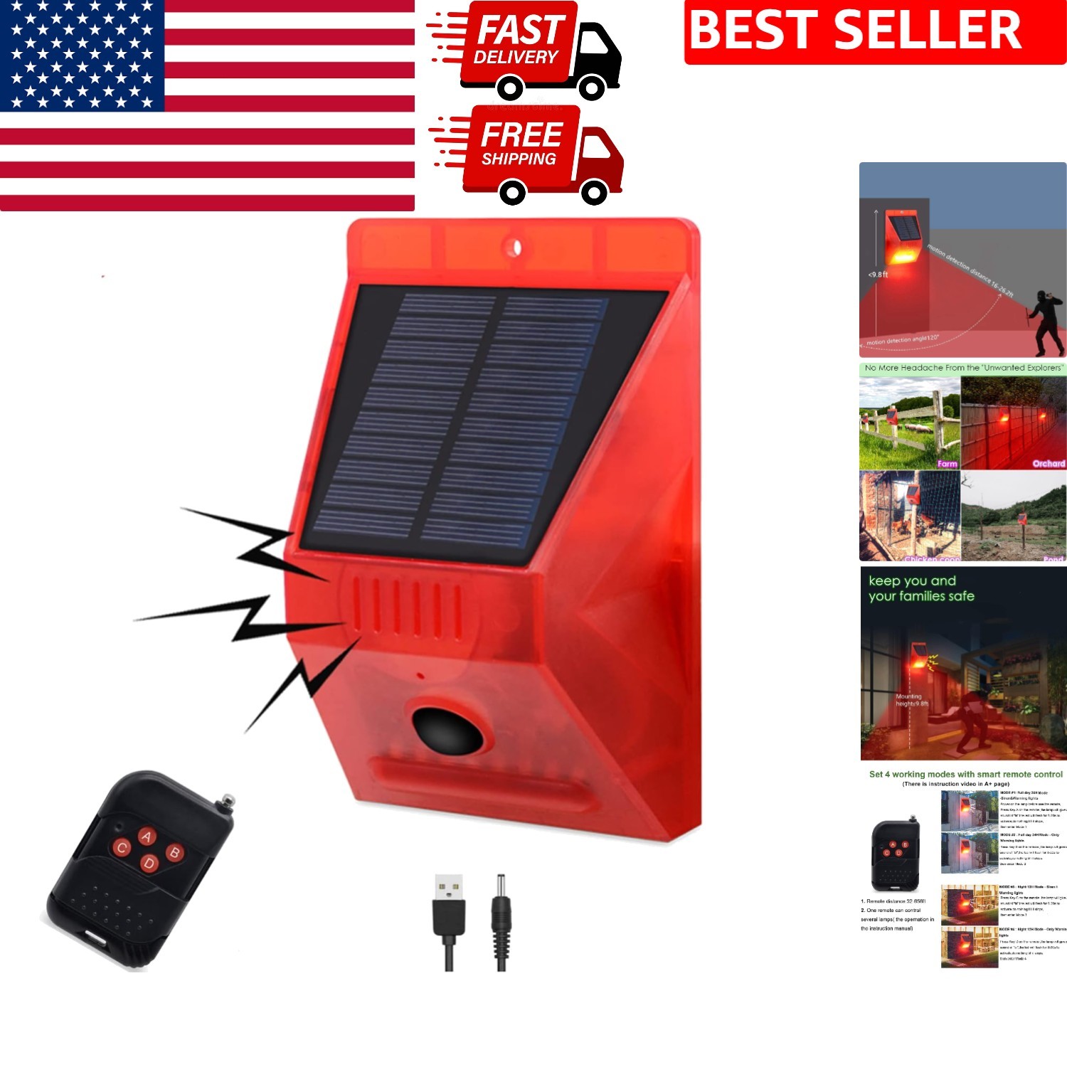 Solar Outdoor Motion Sensor Alarm with 130dB Siren & Remote