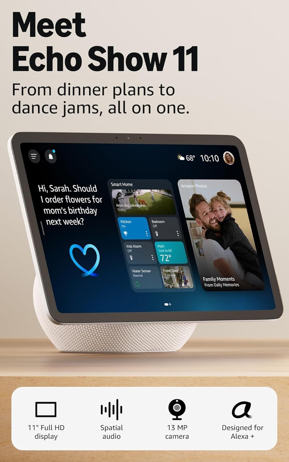 Amazon Echo Show 11 (newest model), Vibrant Full-HD 11″, Glacier White