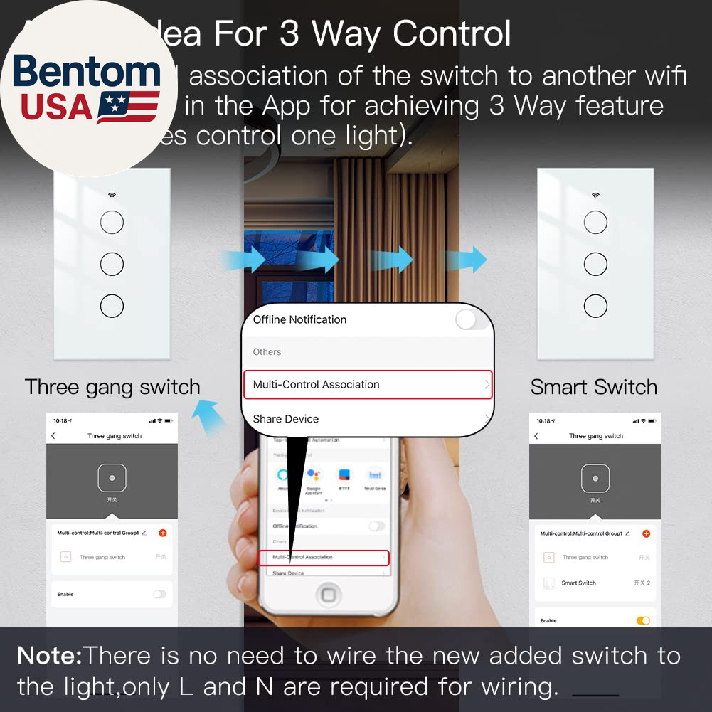 2.4Ghz Wifi Wall Touch Smart Switch Neutral Wire Required, 3 Way Multi-Control,