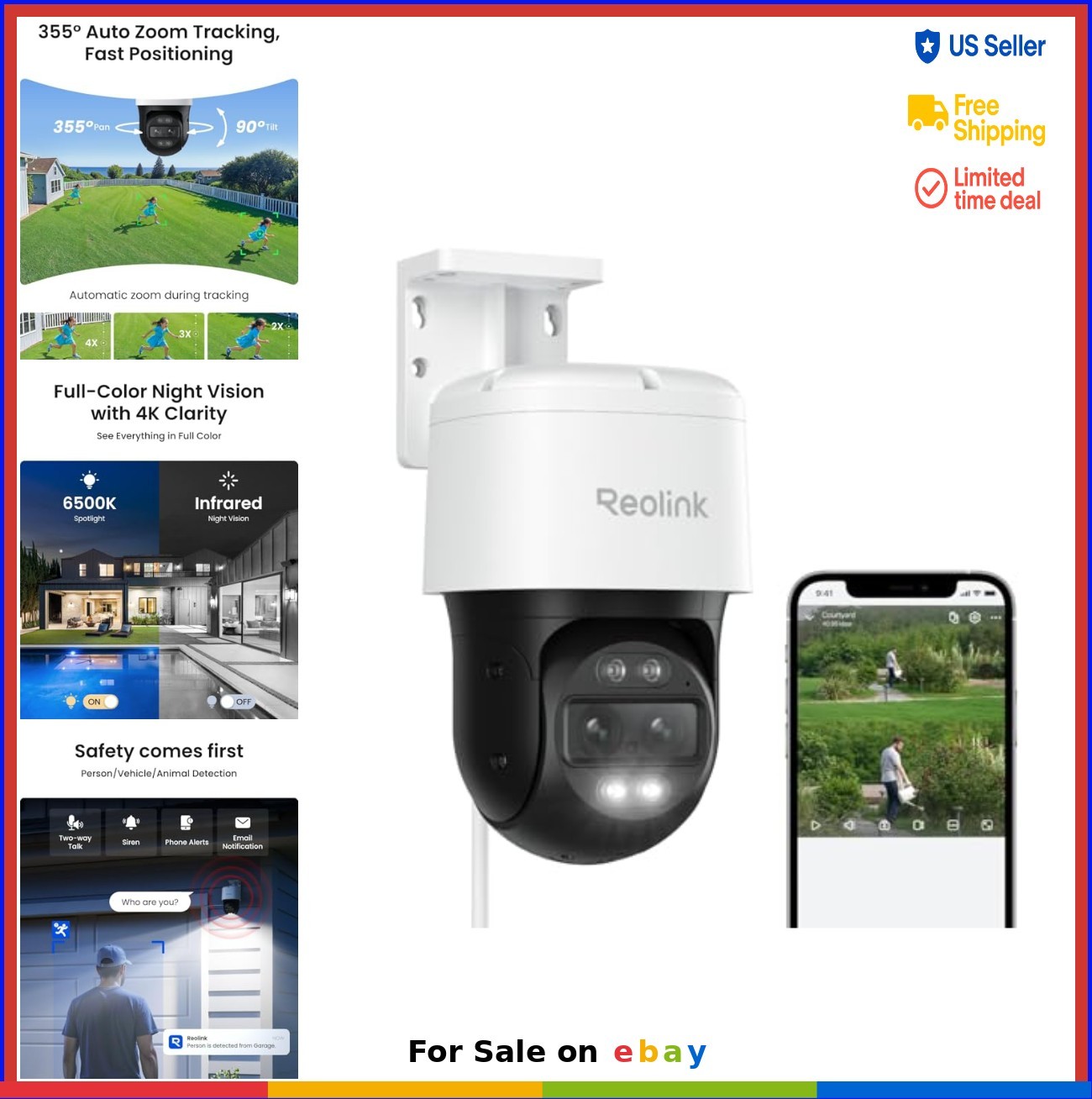 PTZ Security Camera 4K PoE Dual Lens Auto Tracking 355 Pan 90 Tilt Outdoor AI