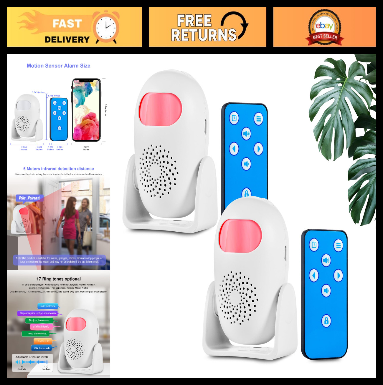 Wireless Motion Sensor Alarm System – 17 Chimes, 3 Modes, 110dB, 2 Detectors & R