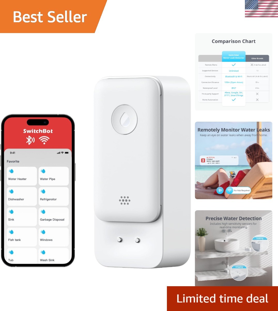 WiFi Water Sensor, Smart Water Leak Detector, 100dB Adjustable Alerts & App A…