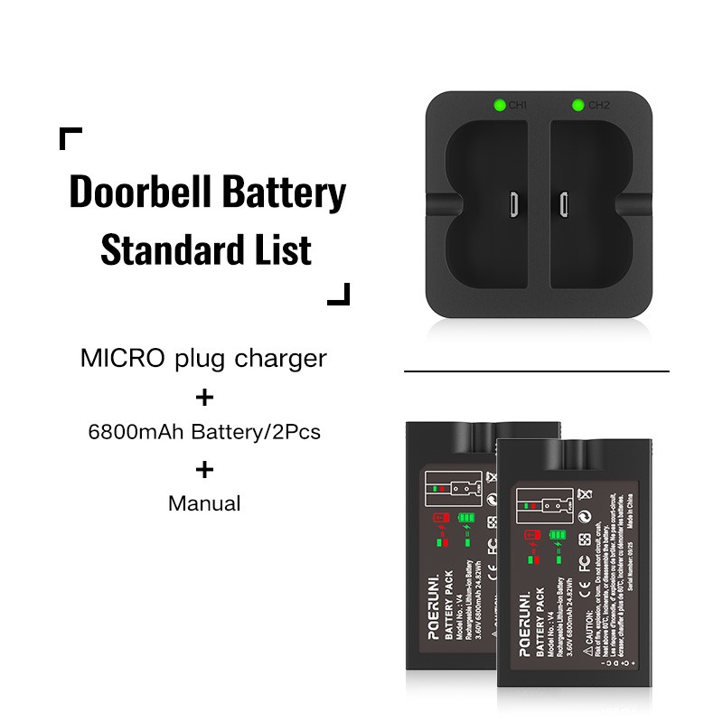 2PCS 6800mAh Replacement Lithium Battery with Charger for Ring-Doorbell Camera