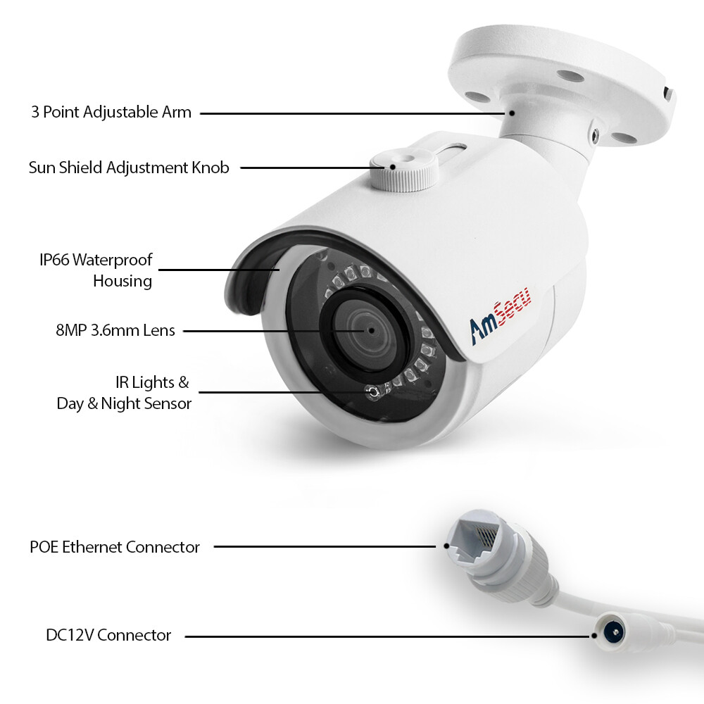 AmSecu 4K 16CH Smart Security Camera System w/ 12 x 4K 8MP 3.6mm Bullet Cameras
