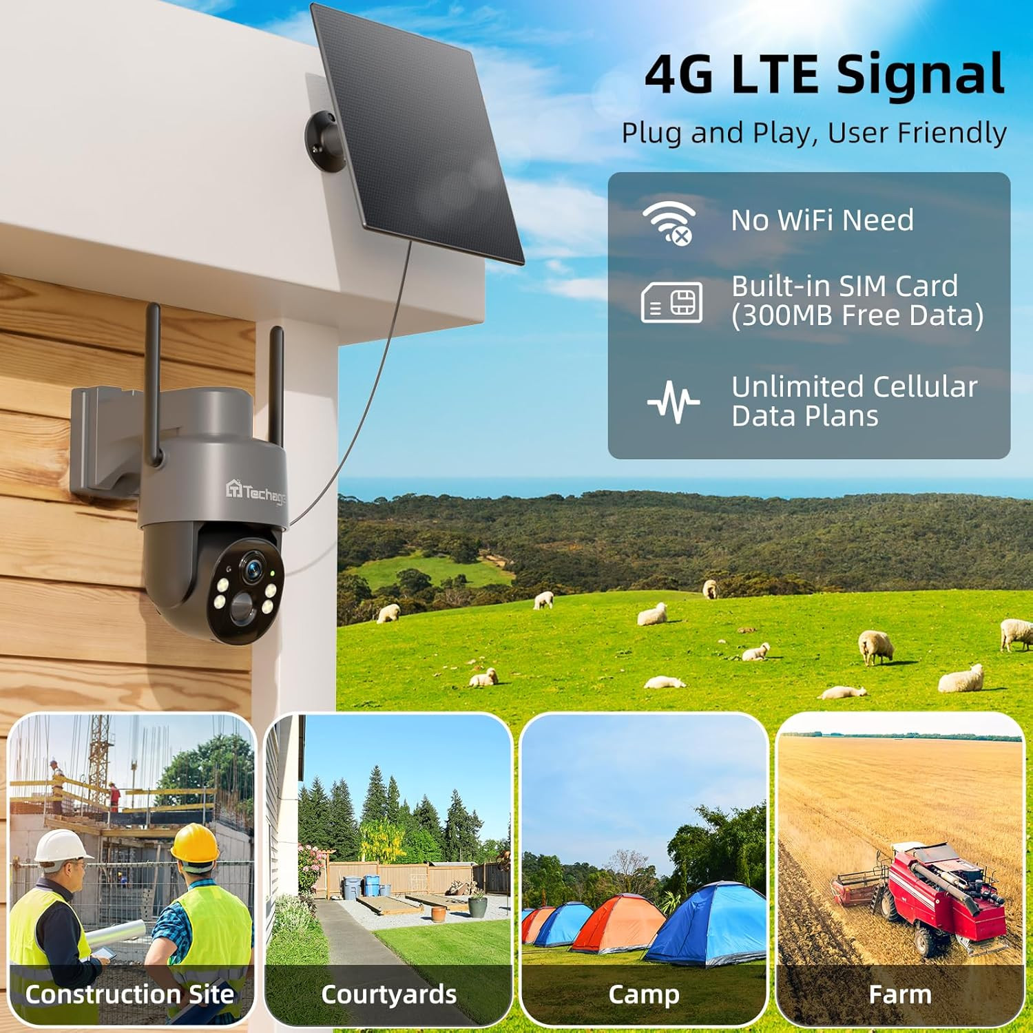 2.5K 4G Camara De Seguridad Sin Wifi Con Panel Solar Audio Para Casas Exteriores