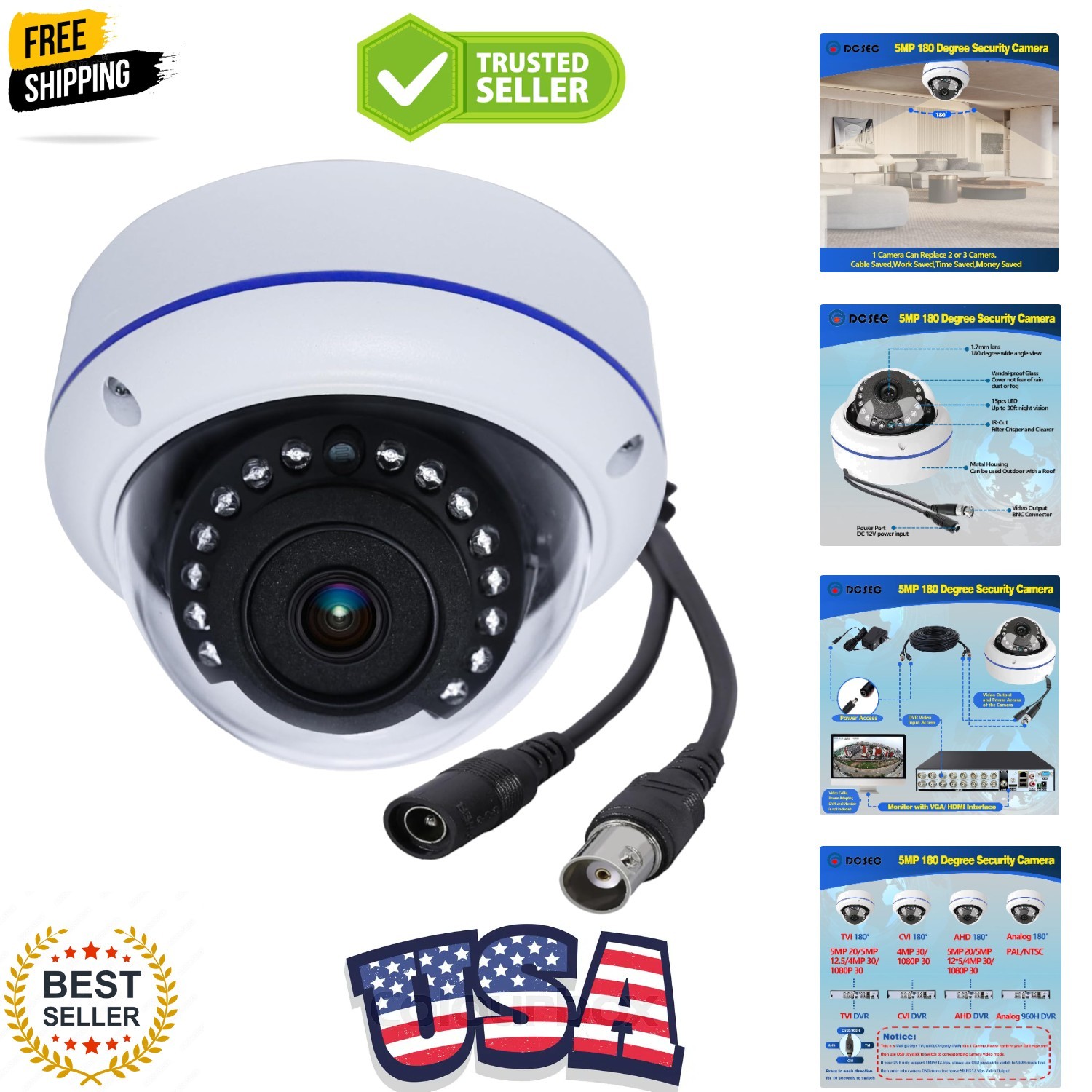 5MP 4MP 180 Degree Wide Angle Dome Security Camera HD-TVI/CVI/AHD/960H Analog…