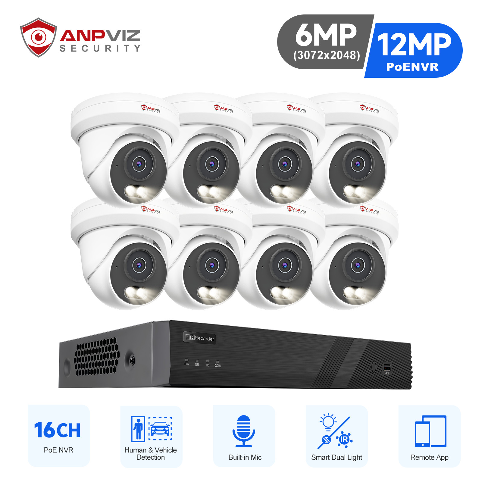 Anpviz 12MP 16CH NVR 8X6MP Audio POE Security Camera System Outdoor Color Night