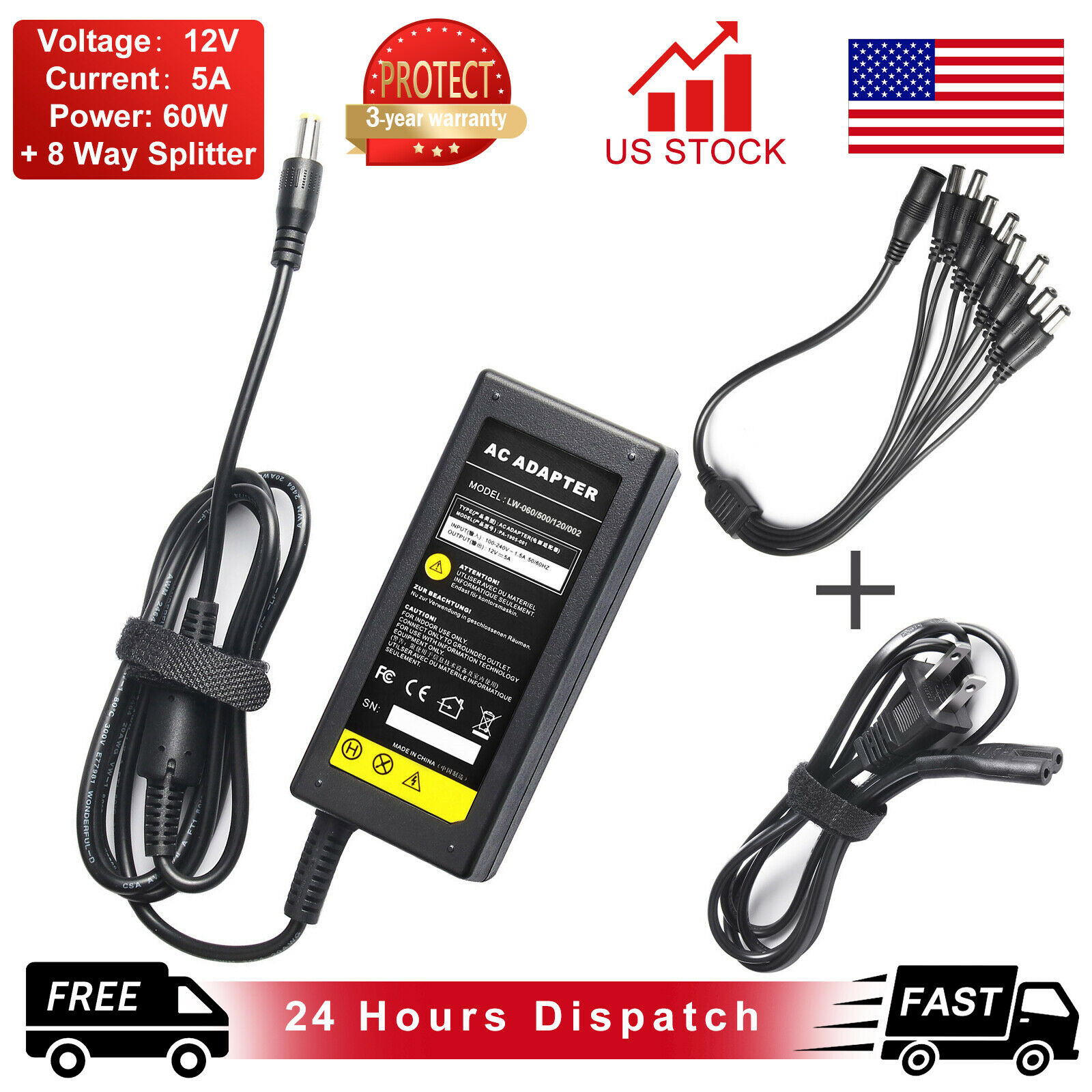 DVR 8 Split Power Cable +DC 12V 5A Power Supply Adapter for CCTV Security Camera