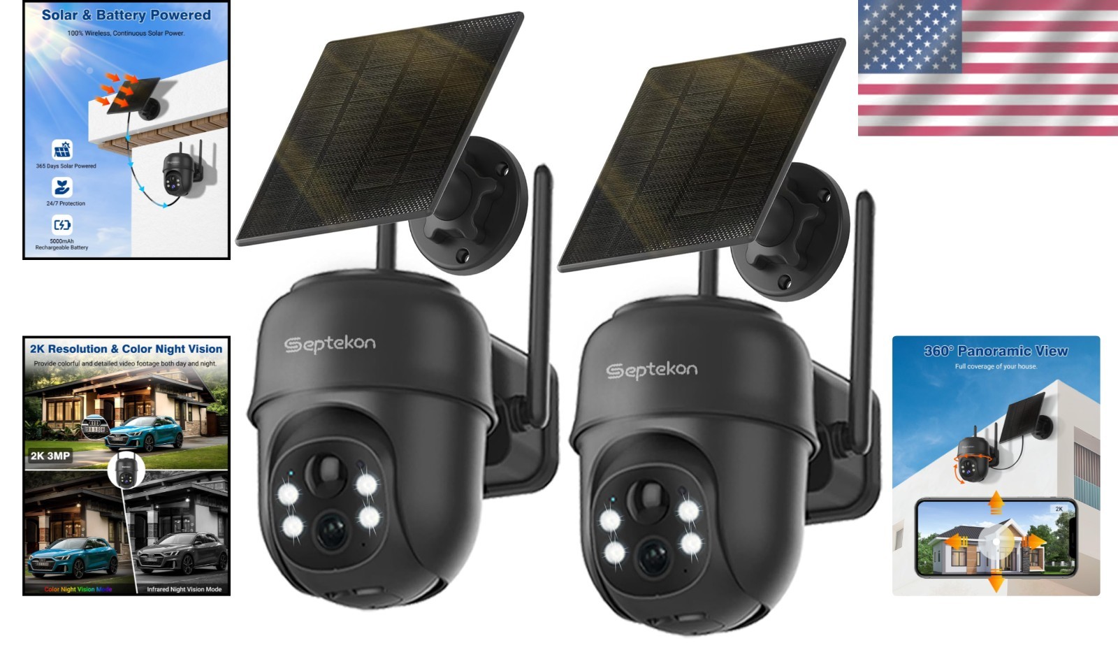 Advanced 2K Solar Powered Outdoor Cameras with 360° PTZ & Motion Alert – 2 Pack
