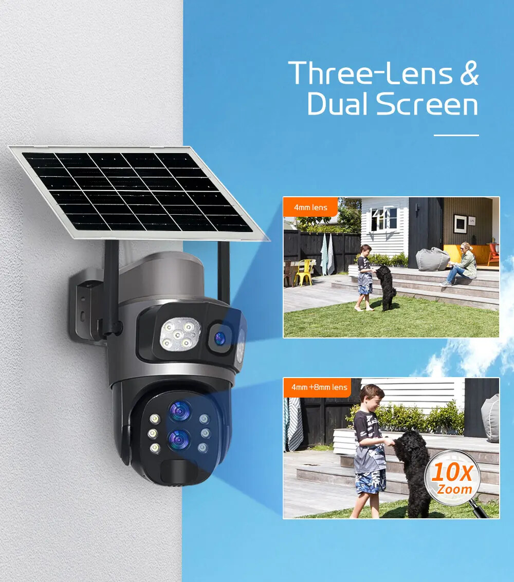 Solar Camera Outdoor 6K 12MP Three Lens Security Human Auto Tracking CCTV Camera