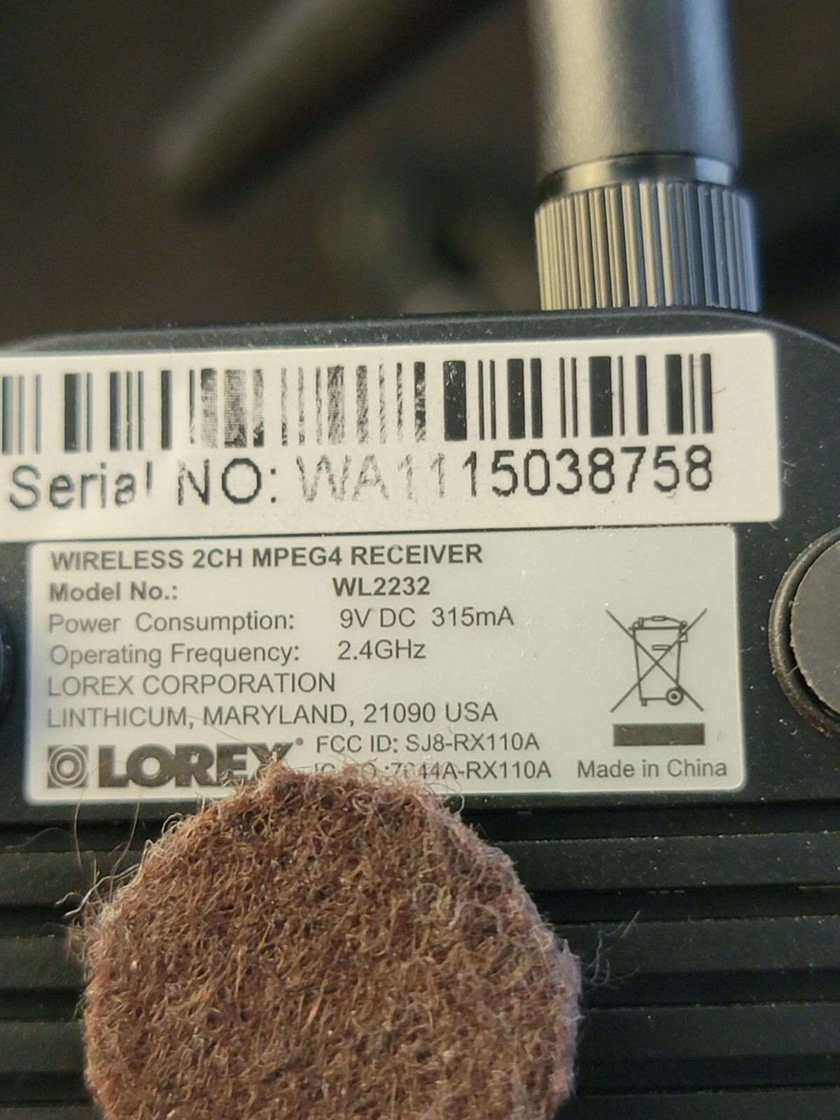 LOREX Wireless 2 Channel MPEG4 Receiver WL2232 with power supply