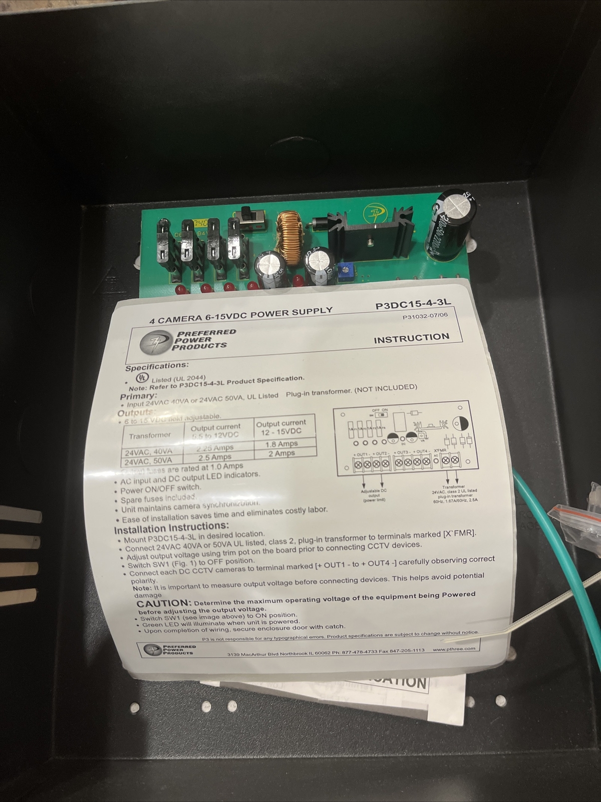 Preferred Power Products Input 24v P3DC15-4-3L Power Supply 6-15vdc Adjustable