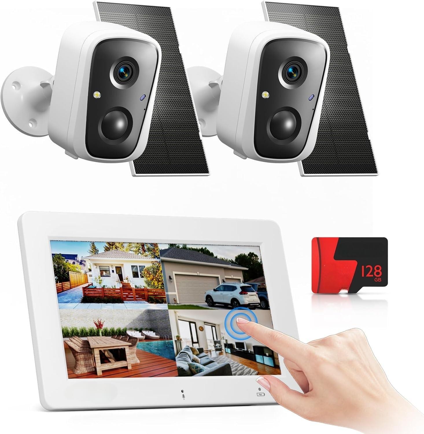 Camera Outdoor Wireless System with 7″ Touchscreen Monitor, 2PCS 4MP Solar Cams