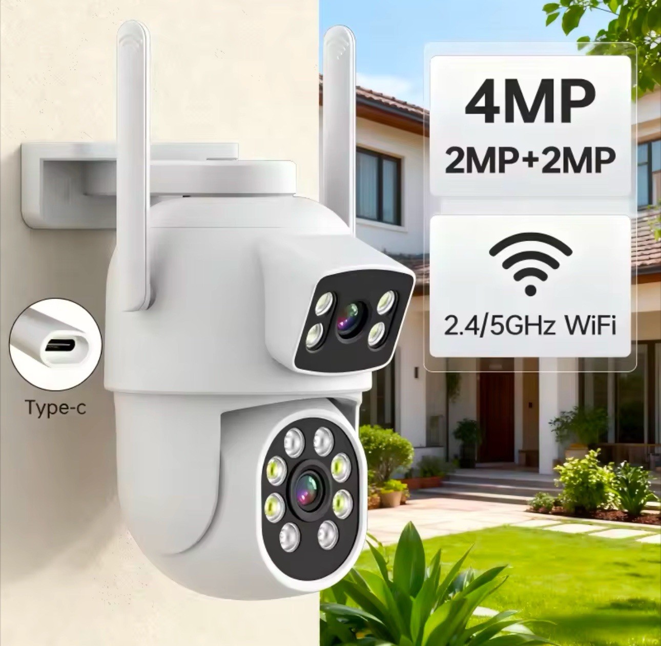 4MP Dual Lens PTZ WiFi Security Camera Outdoor 2.4/5GHz Night Vision 2-Way Audio
