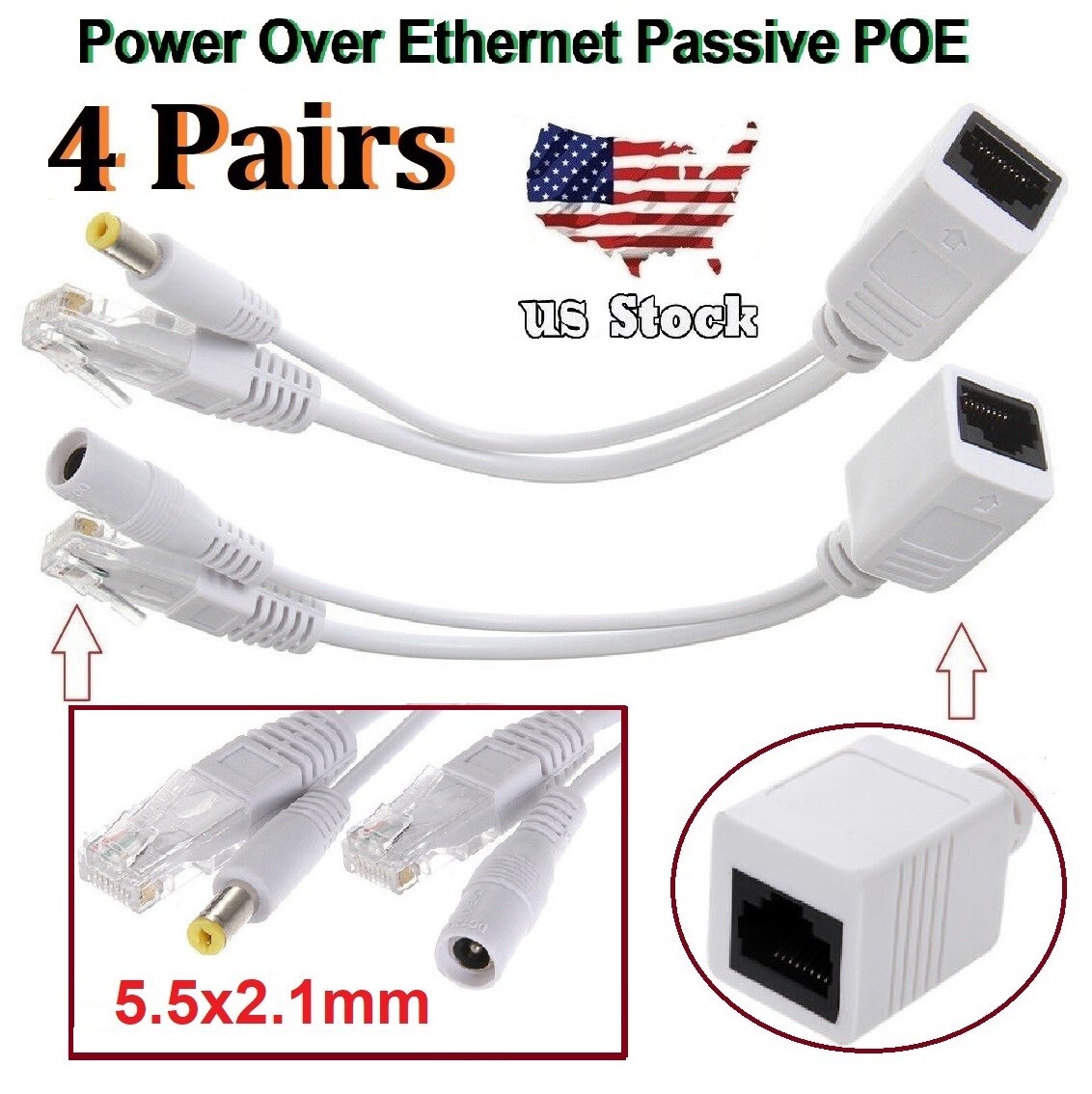 4 Pair Power Over Ethernet Passive POE RJ45 Injector Splitter Adapter Cable Kit
