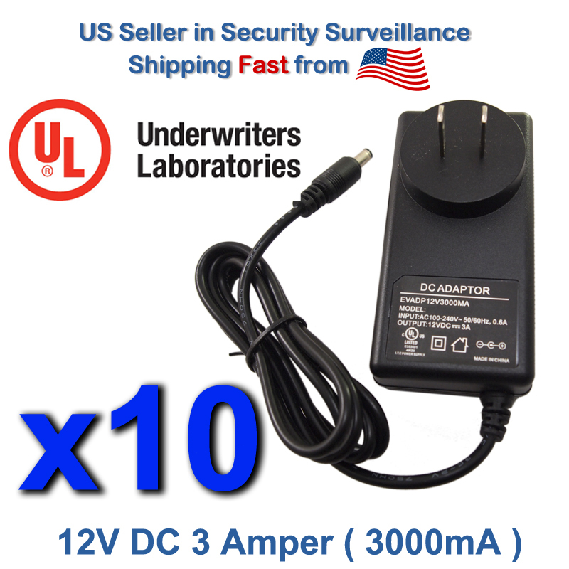 10 pcs 12V DC 3 Ampere 3000mA Power Supply Adapter Plug Size 5.5 x 2.1mm
