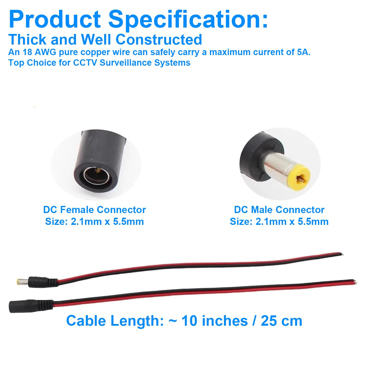 (Real 18AWG) 1 Pairs 12V 5A DC Power Pigtail Barrel Plug Connector Cable, 2.1Mm