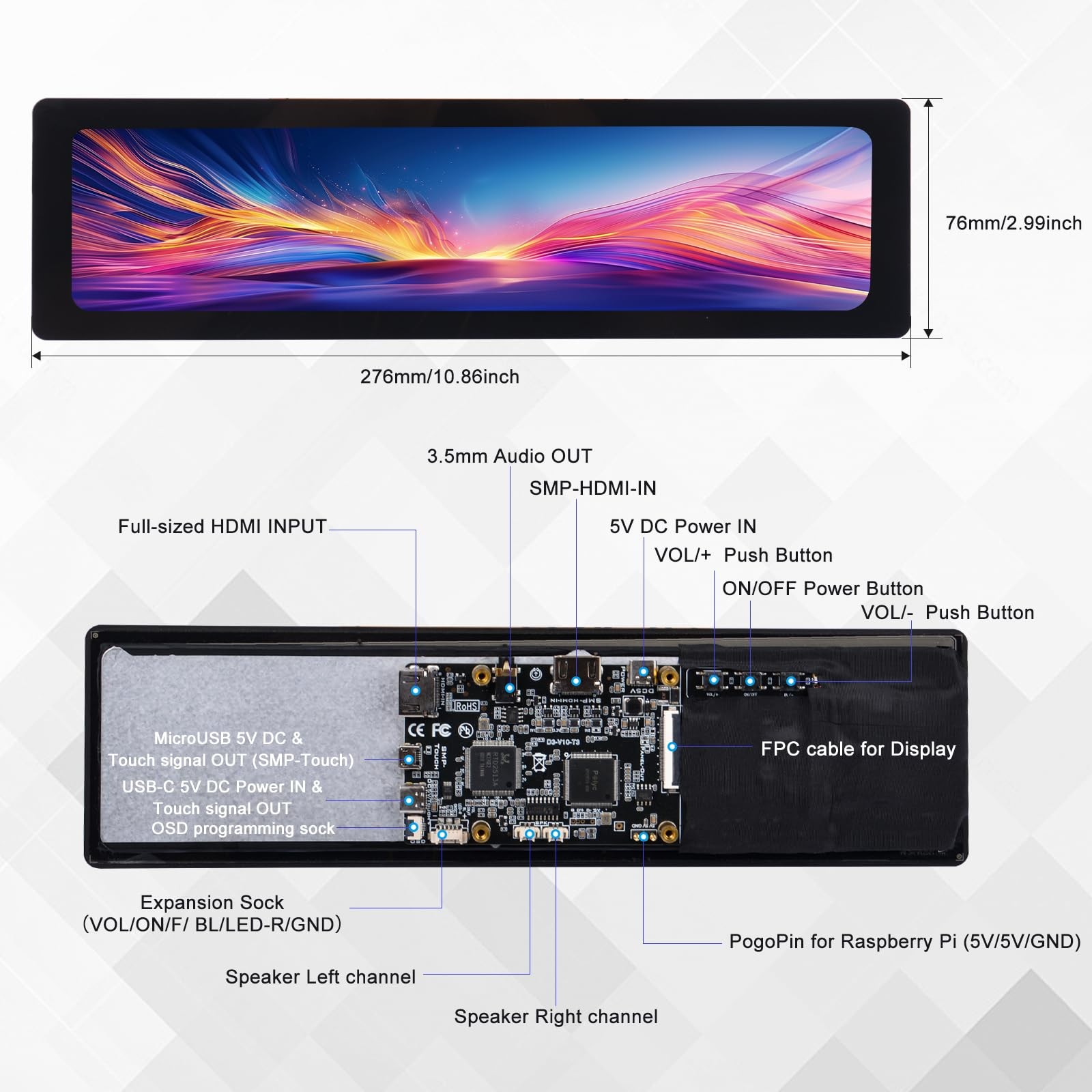 Geeekpi 11.26 Inch 1920X440 Hdmi Lcd Capacitive Touch Screen For Raspberry Pi