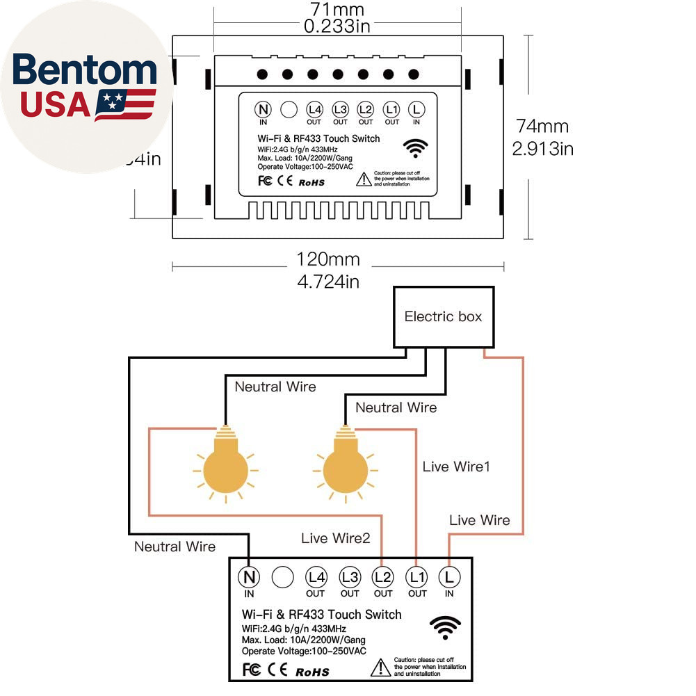 2.4Ghz Wifi Wall Touch Smart Switch Neutral Wire Required, 3 Way Multi-Control,