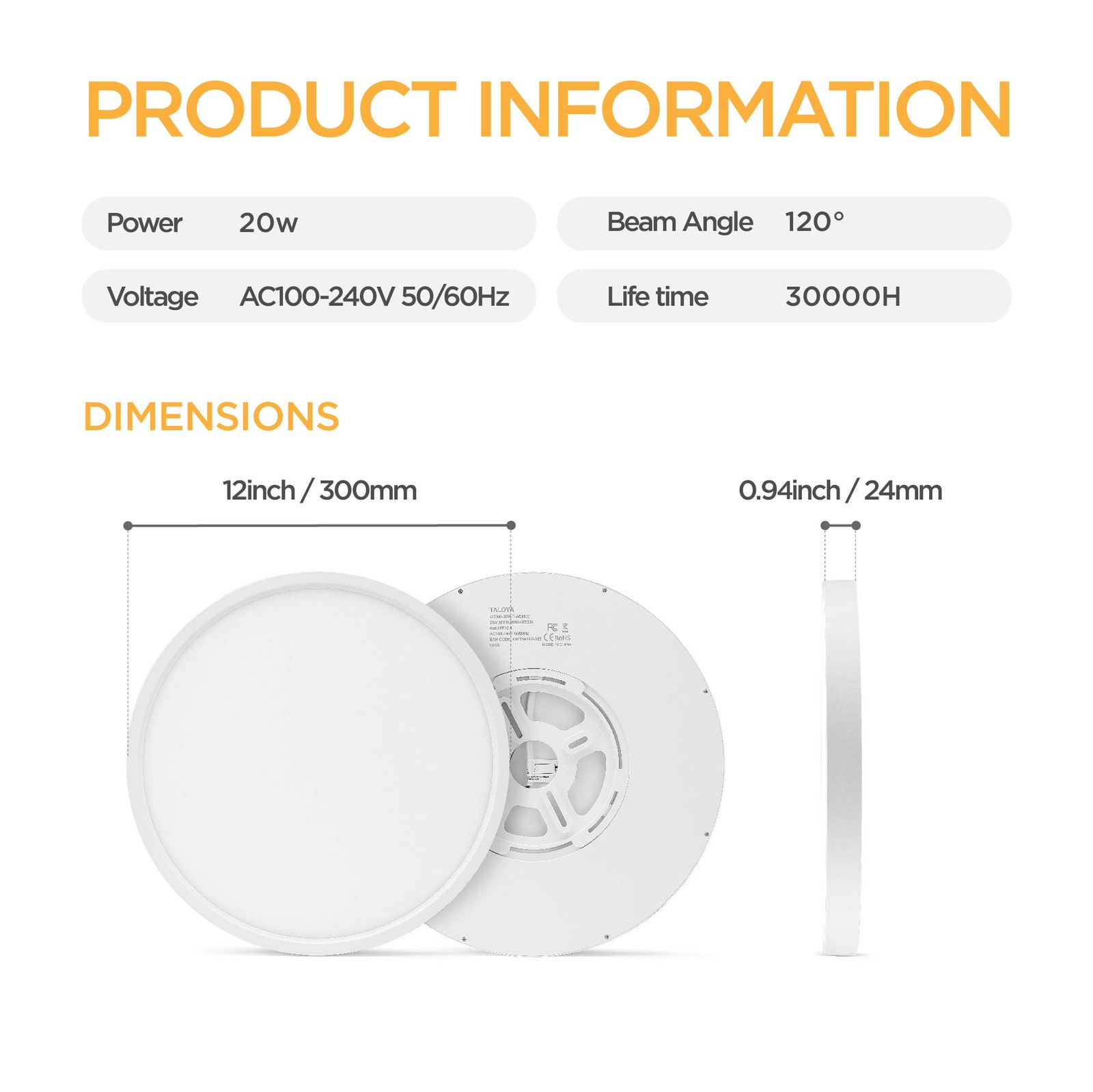 TALOYA 2 Pack 12 Inch LED Flush Mount Ceiling Light 12Inch-2pack, White