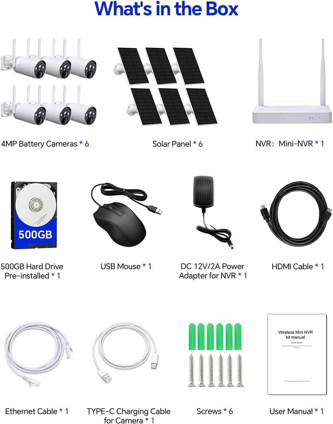 Solar Powered Wireless Security Camera System 6PCS Wire-Free Camera & NVR 500GB