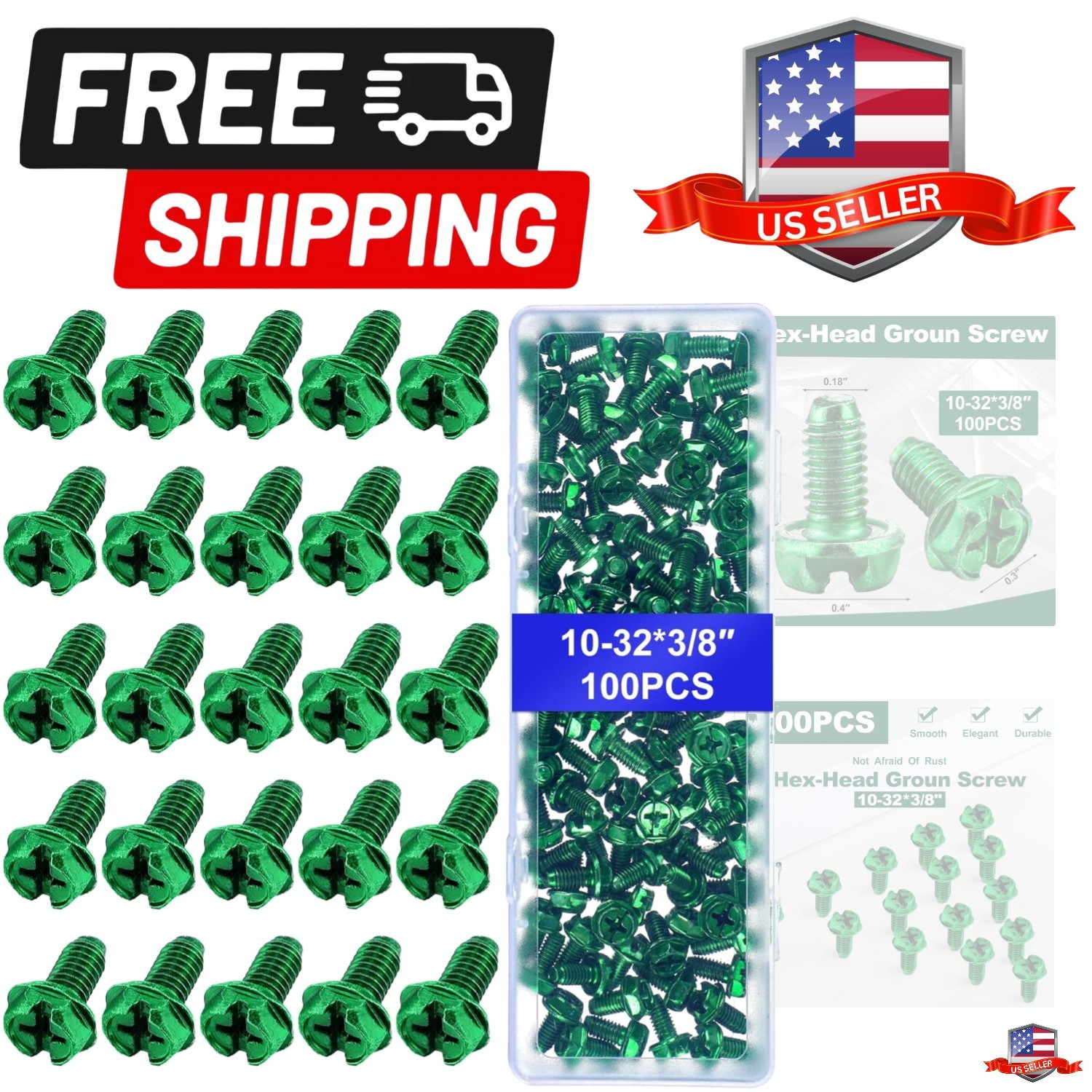100 Pcs Ground Screws for Electrical Box, 10-32 x 3/8 Inch Green Hex Head Gro…