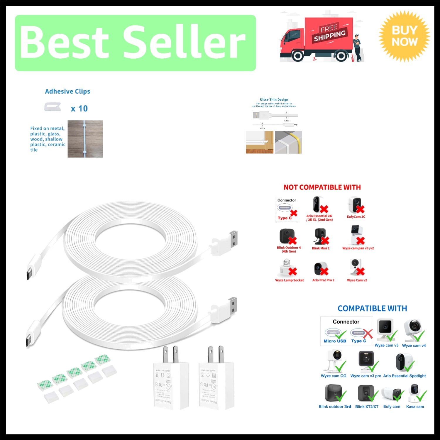 Reliable 10FT Power Cord for Wyze, Blink & Arlo Security Cameras – Weatherproof
