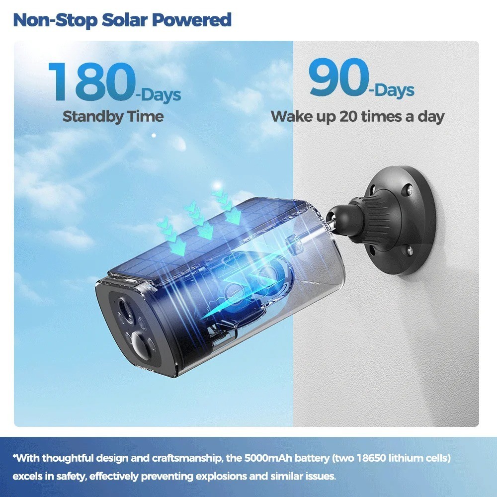 2.5K Solar Security Camera WiFi Outdoor PIR AI Night Vision 4MP IP67