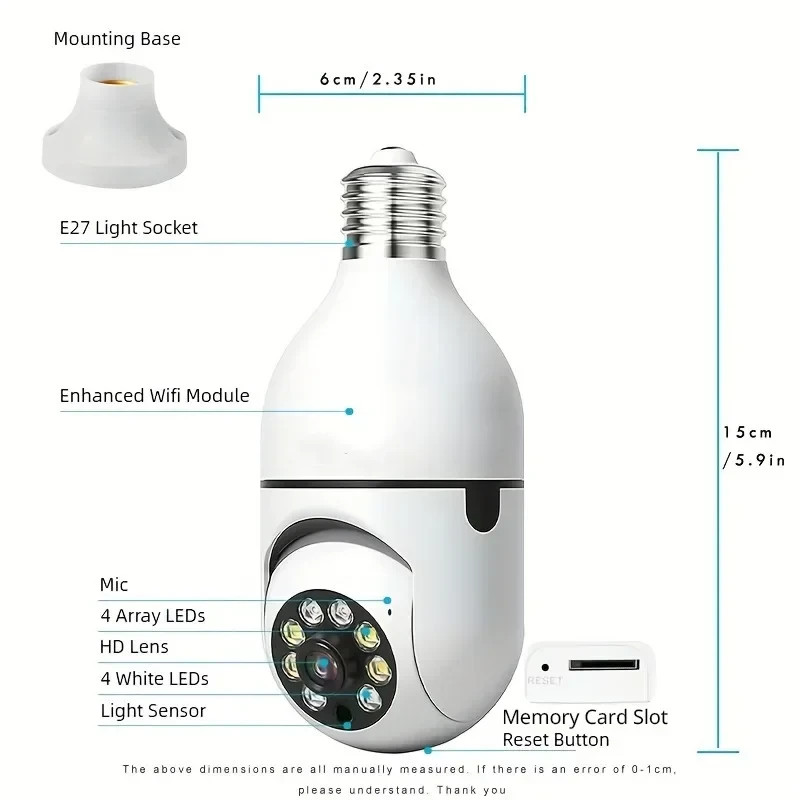 2 Pack WiFi Light Bulb Security Camera 5GHz Outdoor 360° Wireless E27 App Cam