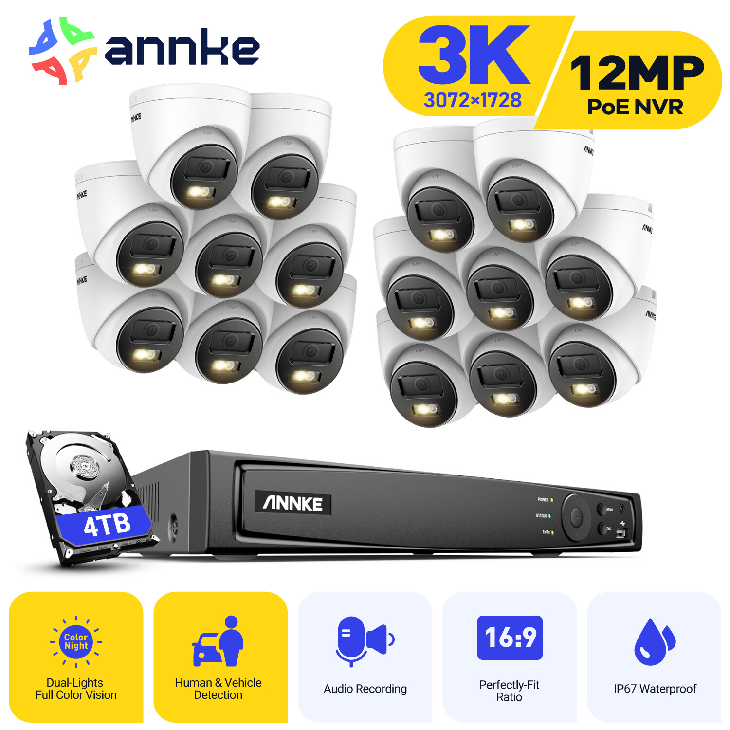 ANNKE 16CH 12MP NVR 5MP POE Security IP Camera System 3K AI Color Night Vision