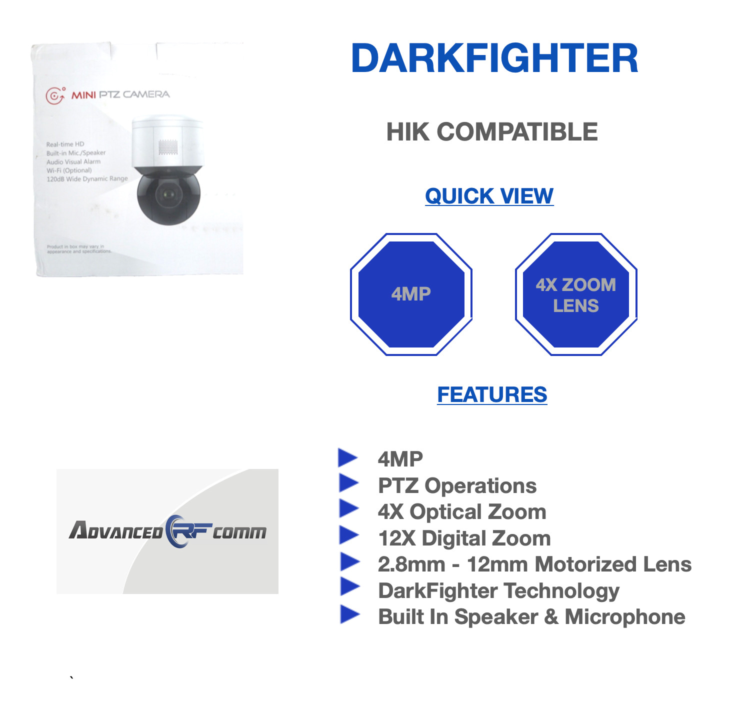 DarkFighter AI 4MP Mini PTZ 4X Optical with 12x Digital Zoom IP Camera