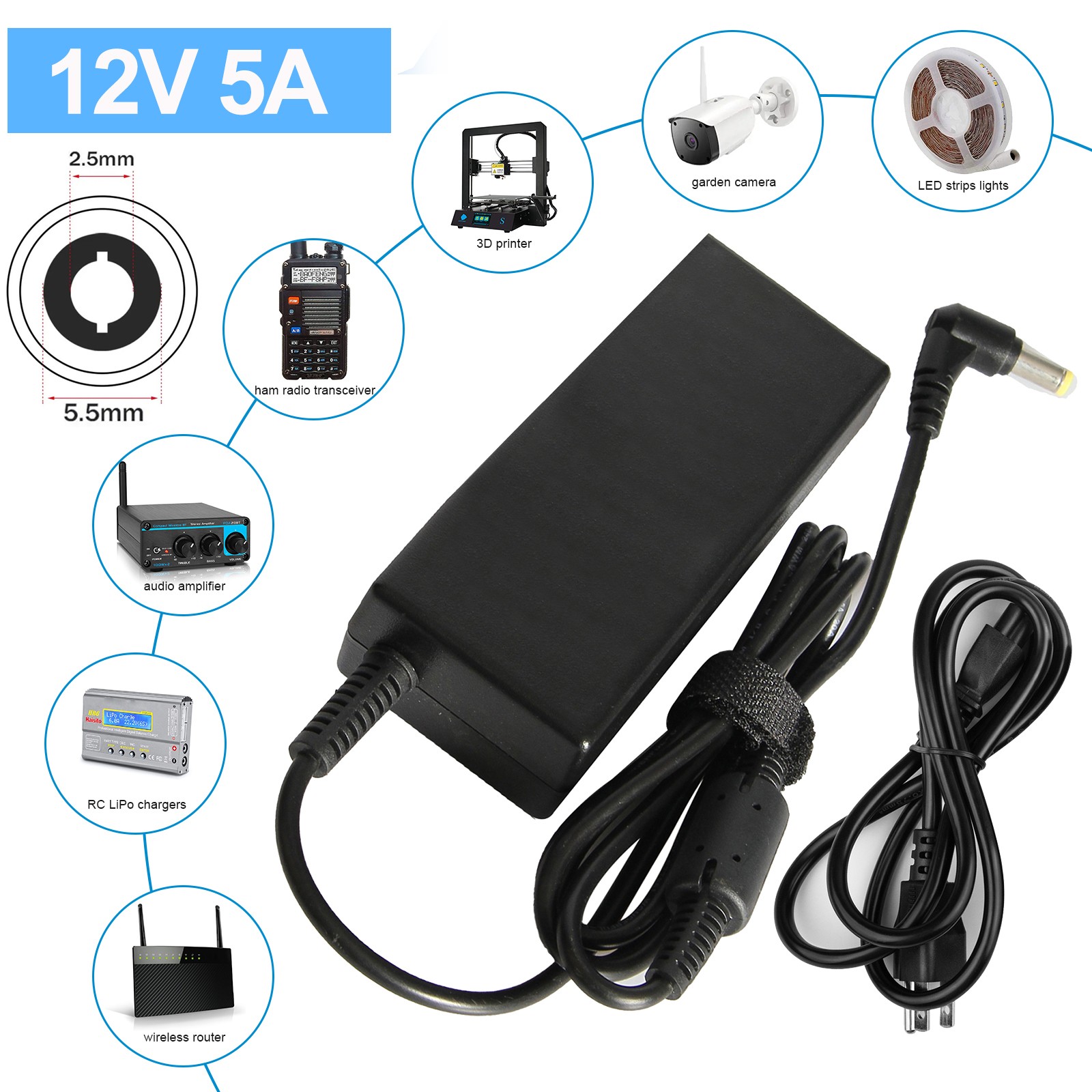 60W 5A 12V AC to DC Adapter Power Supply for 5050 3528 Flexible LED Strip Light
