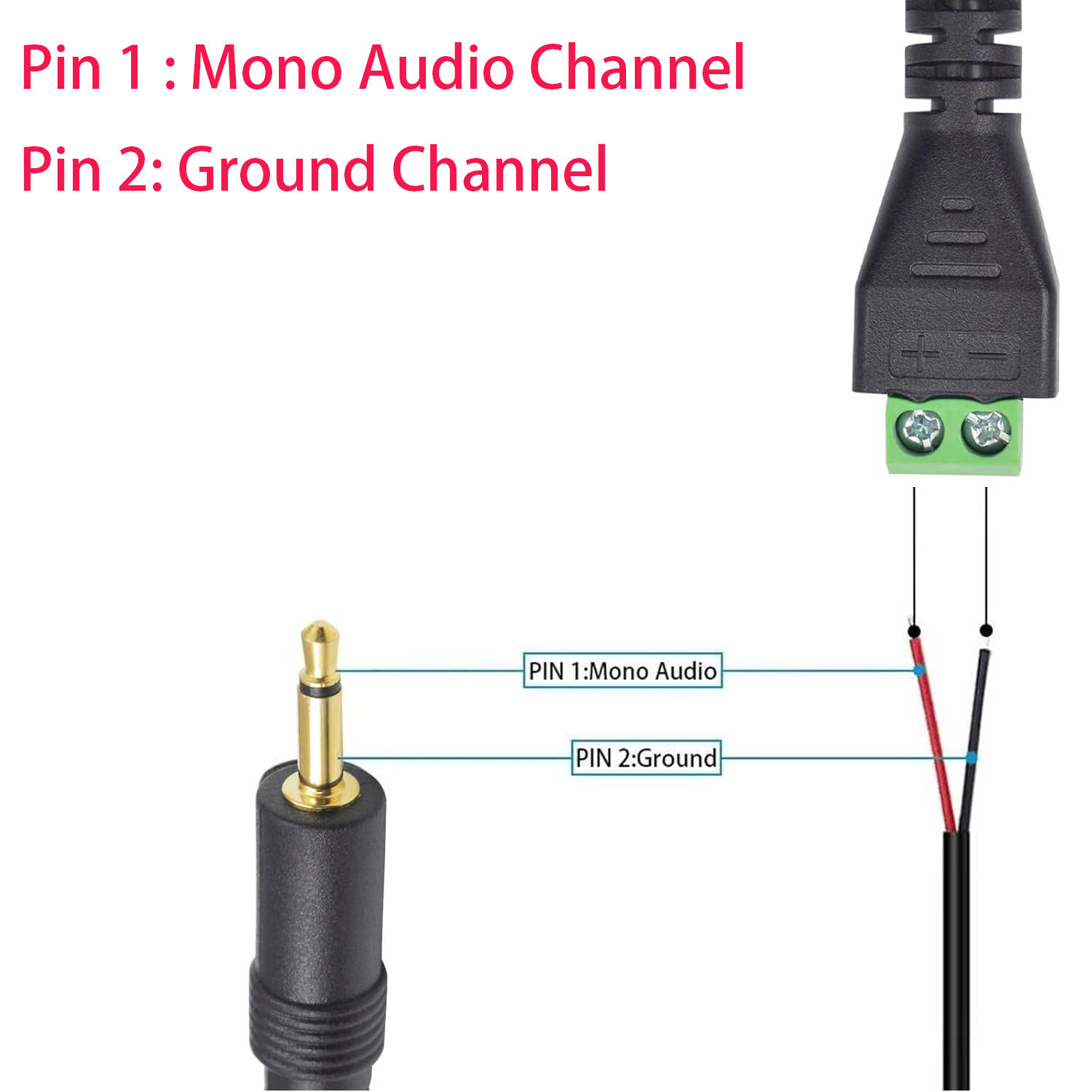 3.5mm Mono TS Male To 2 Pin Way Screw Terminal Block Bolt Speaker Adapter Cable