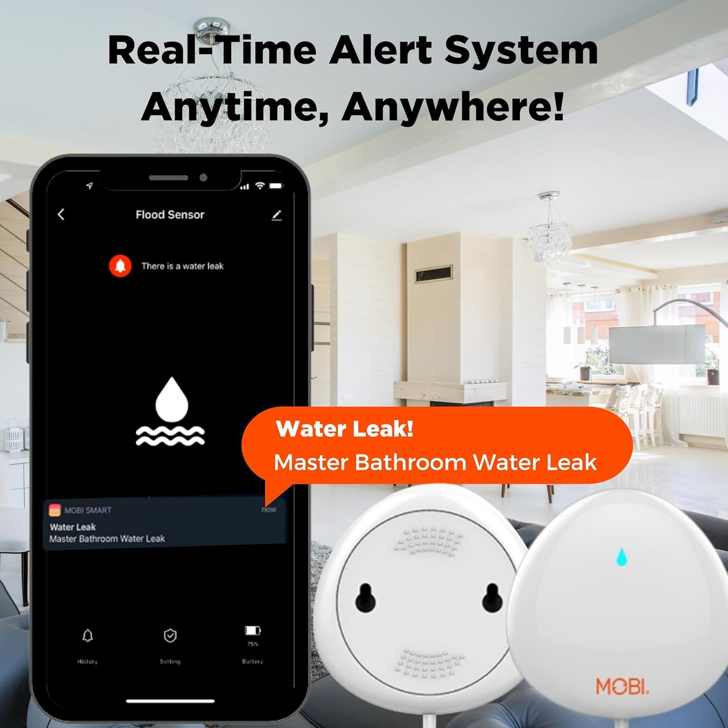 MOBI Smart Wifi Water Leak Detector, App Alerts, Flood Sensor Alarm with 48” Ext