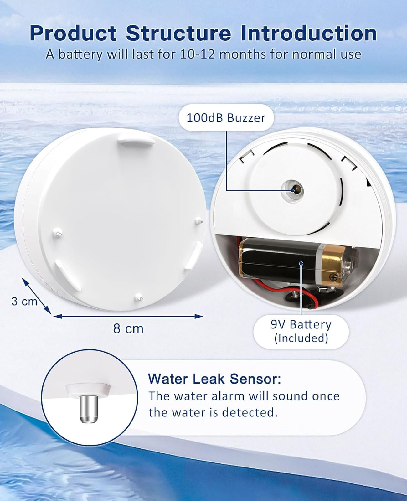 Water Leak Detectors 2 Pack 100dB Noise Flood Alarm Sensors for Basement