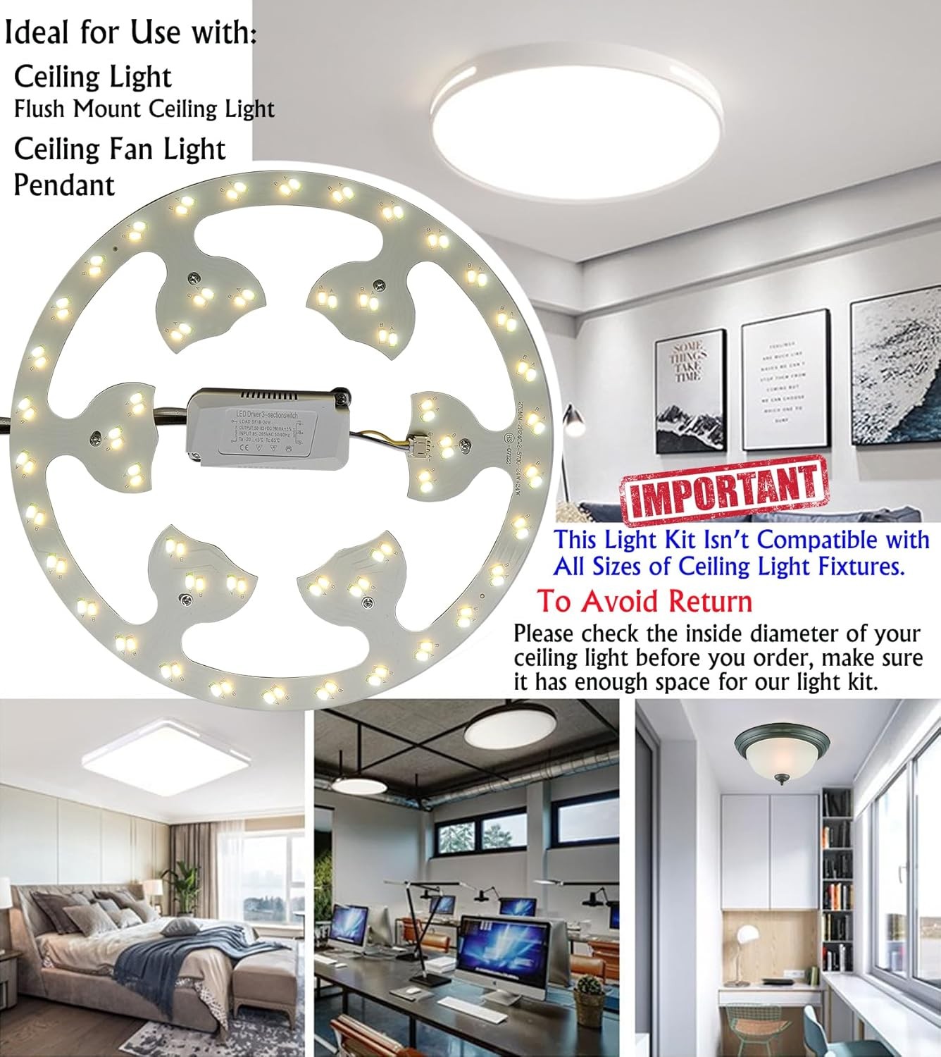 24W LED Flush Mount Ceiling Fan Ring Light Kit Replacement,Retrofit 3 CCT
